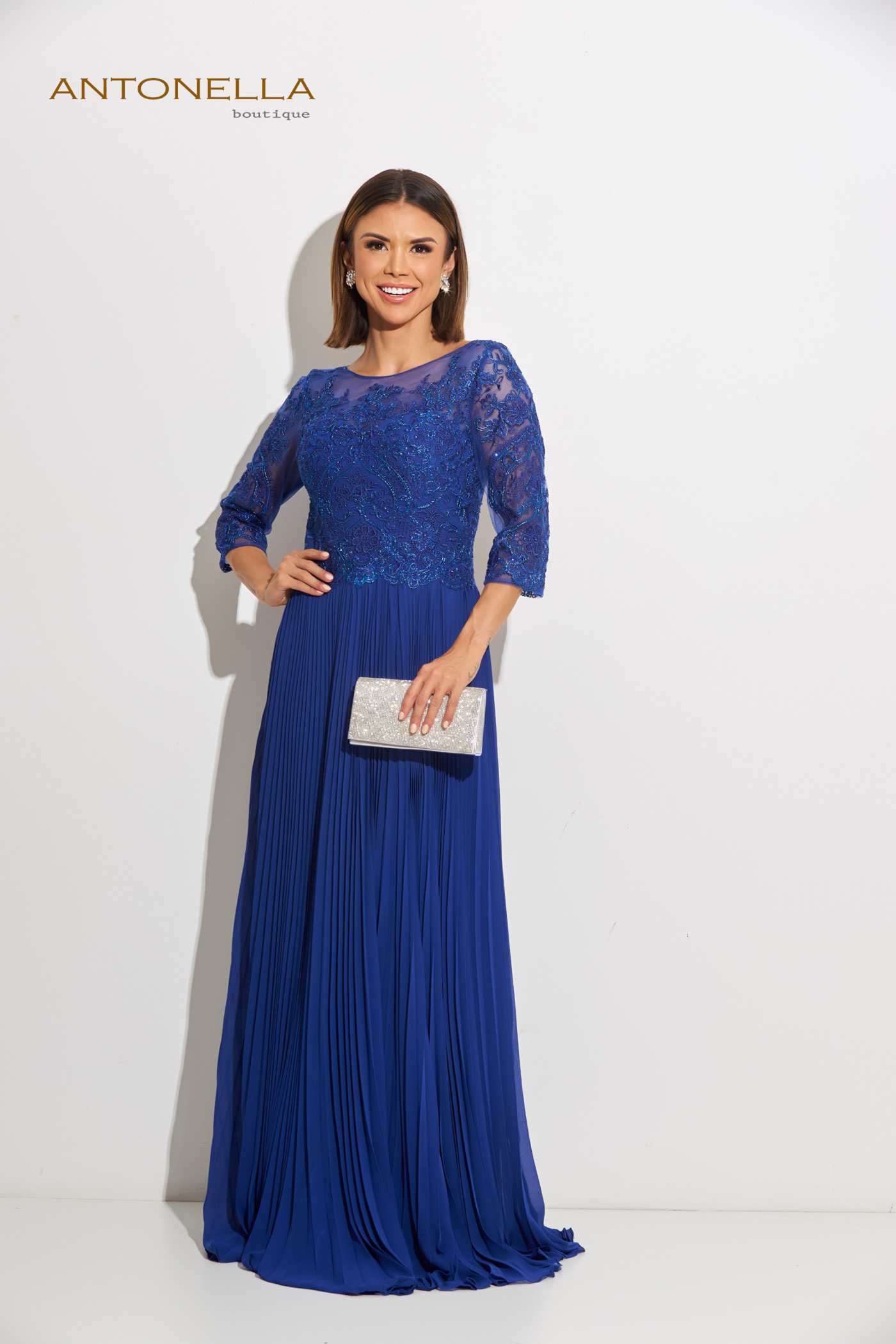 Vestido Gala Azul Rey Manga Tres Cuartos Con Pedreria