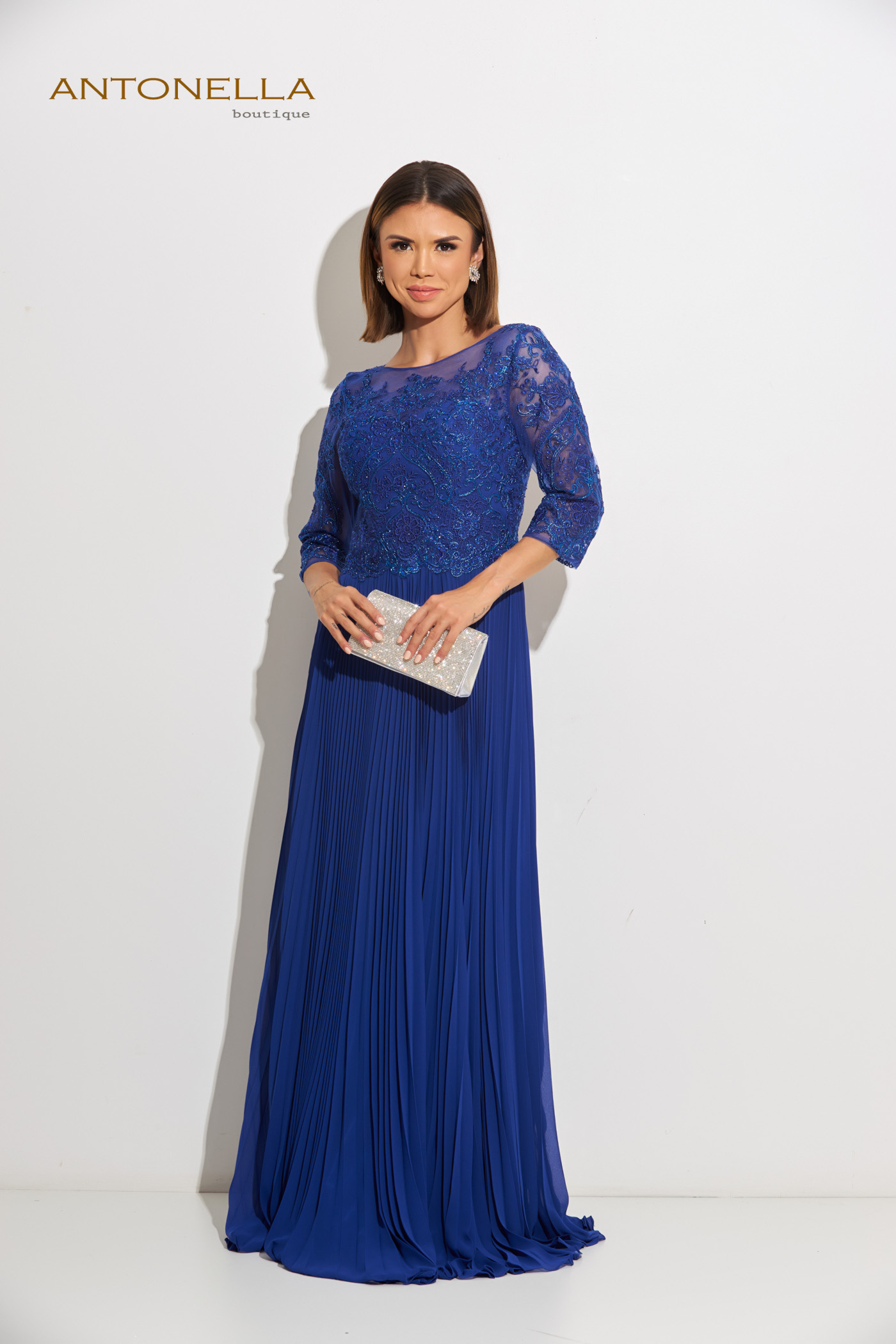 Vestido Gala Azul Rey Manga Tres Cuartos Con Pedreria