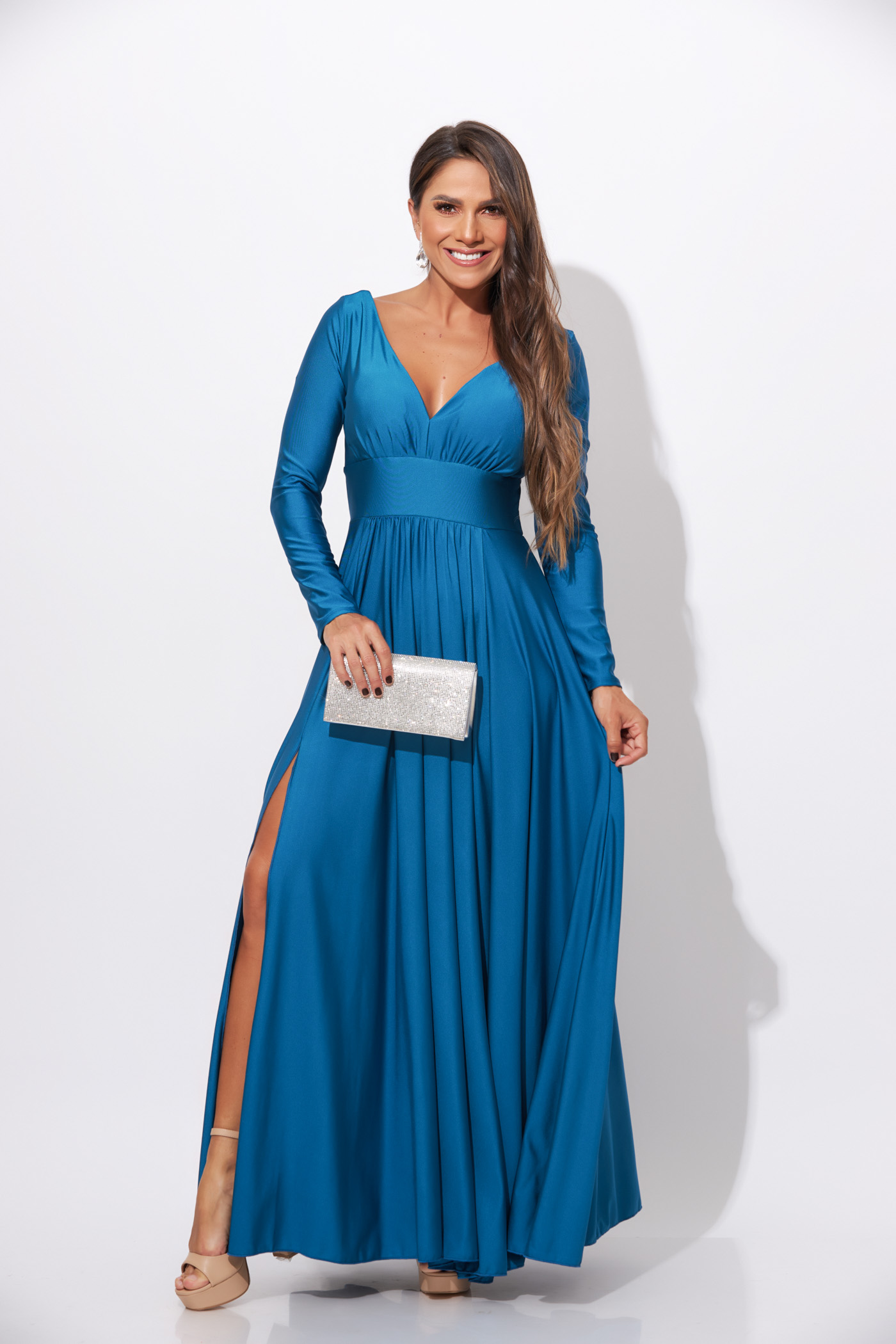 Vestido Gala Largo Teal Manga Larga Licra Fria