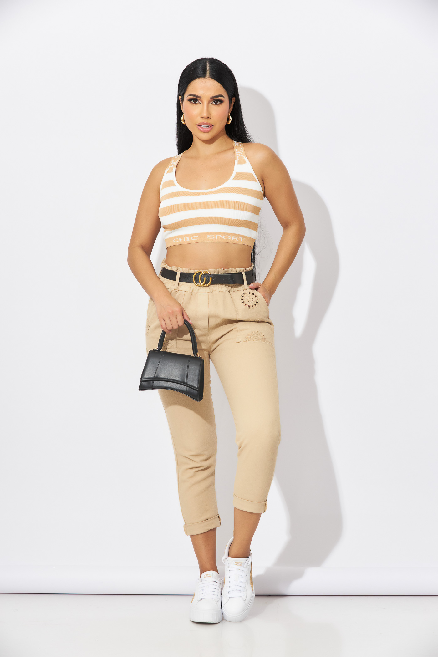 Blusa Blanca Con Rayas Beige Talla