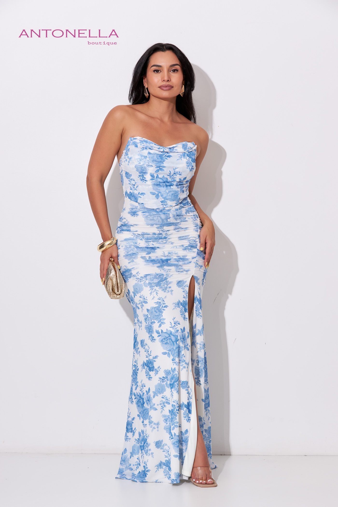 Vestido Gala Blanco Flores Celestes – foto 3
