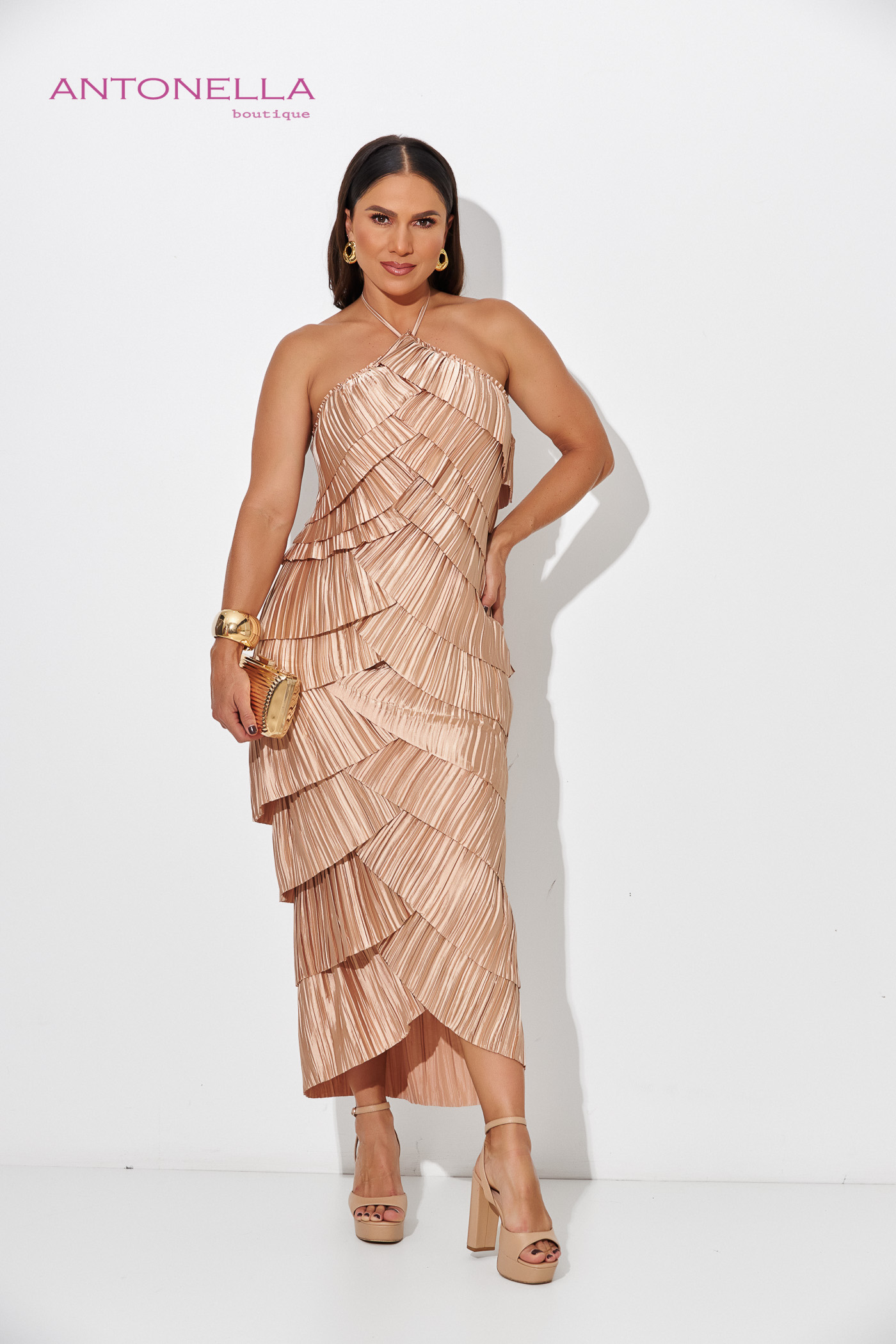 Vestido Midi Champagne Flecos