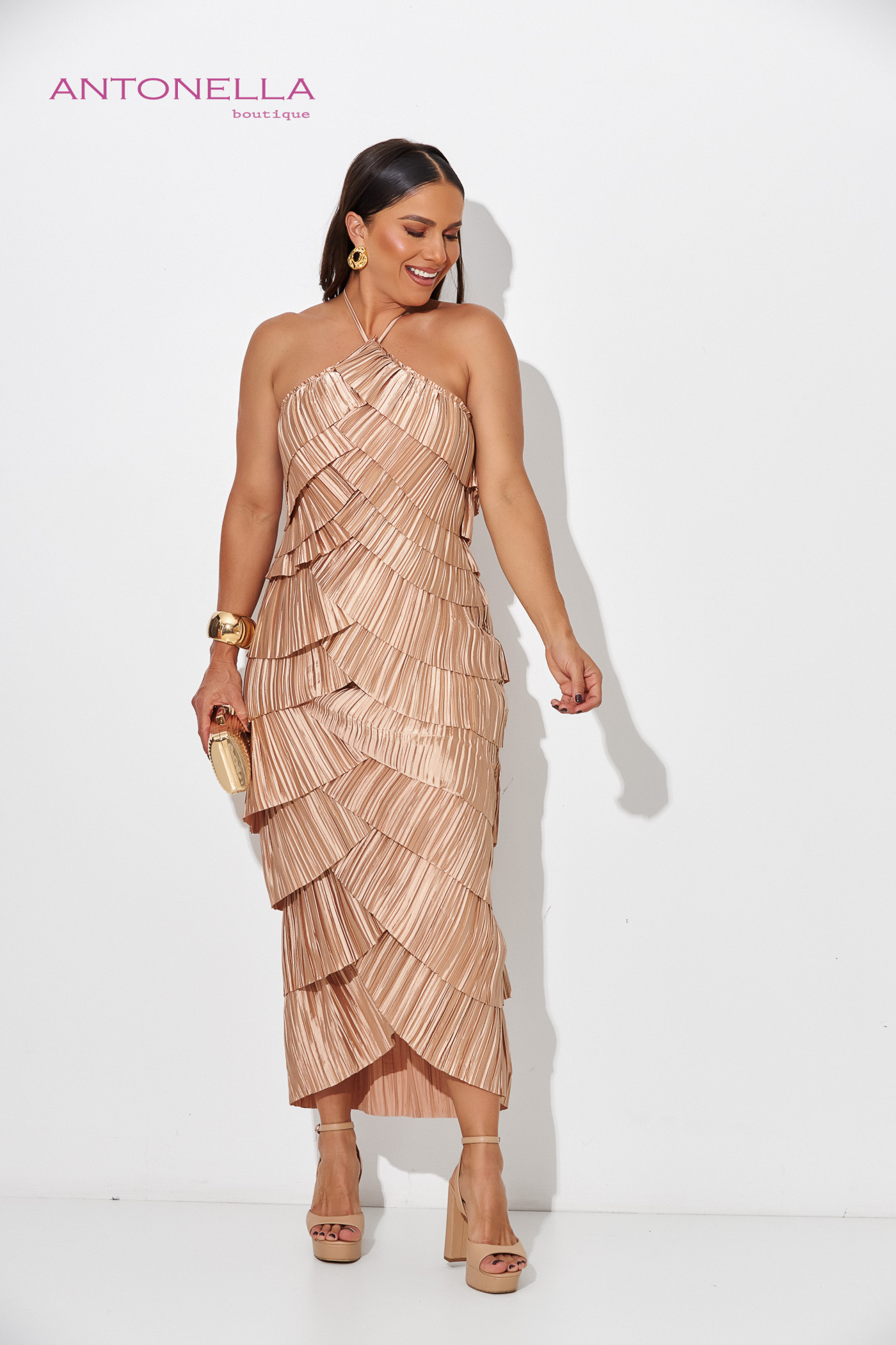 Vestido Midi Champagne Flecos – foto 5