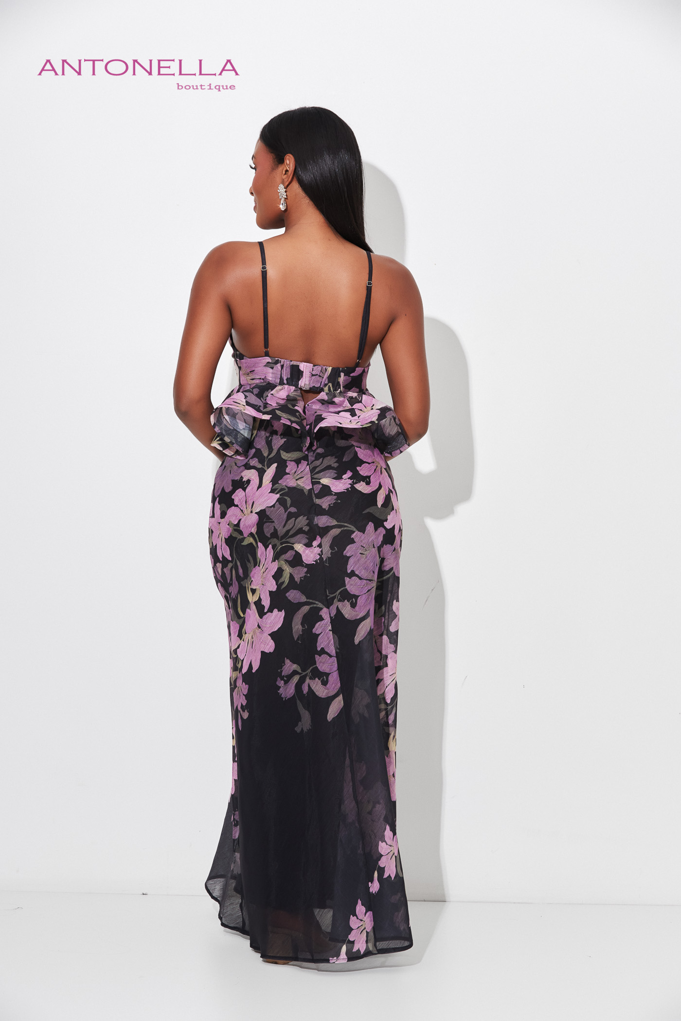 Vestido Largo Negro Flores Moradas – foto 3