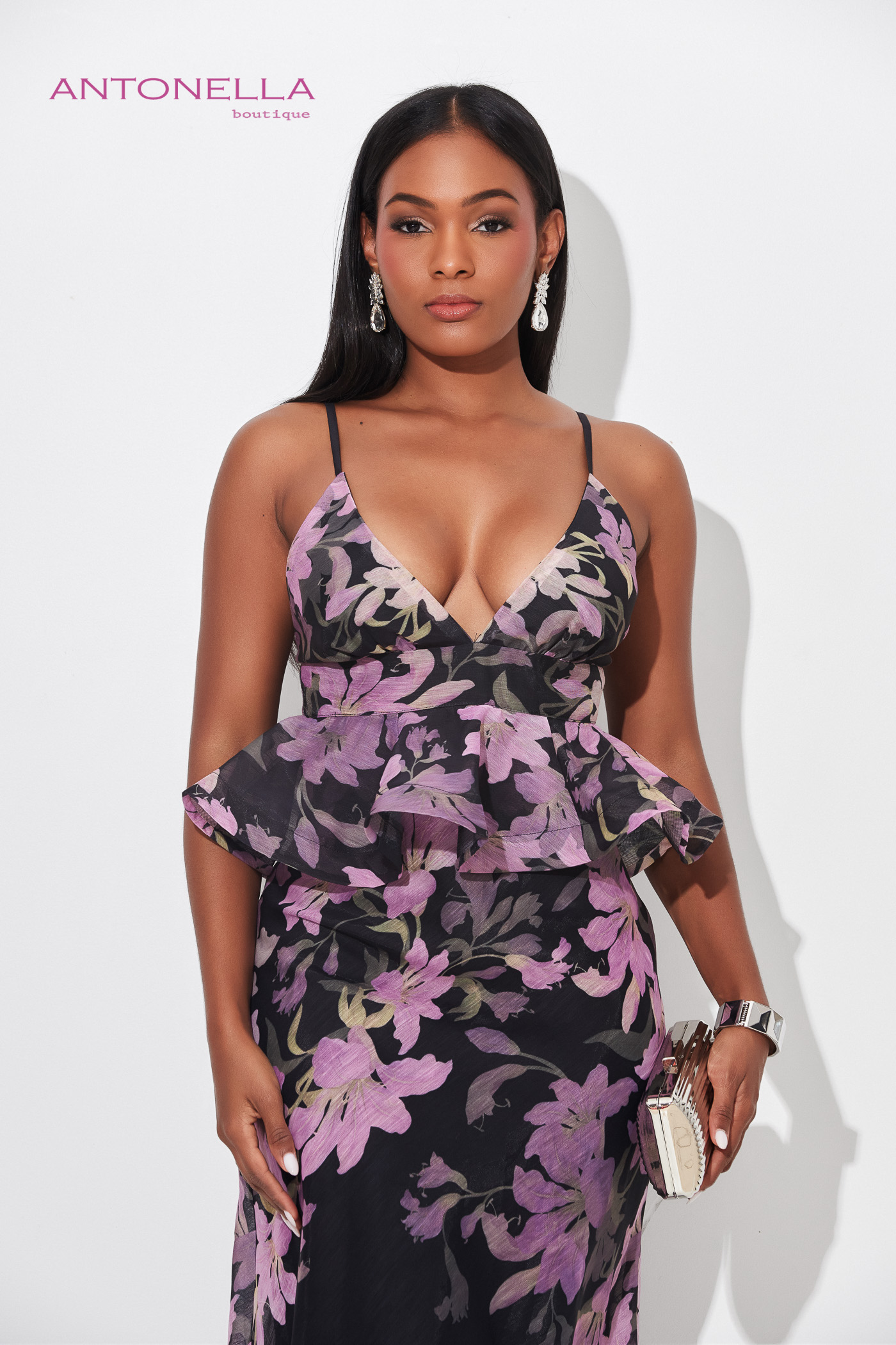 Vestido Largo Negro Flores Moradas – foto 5