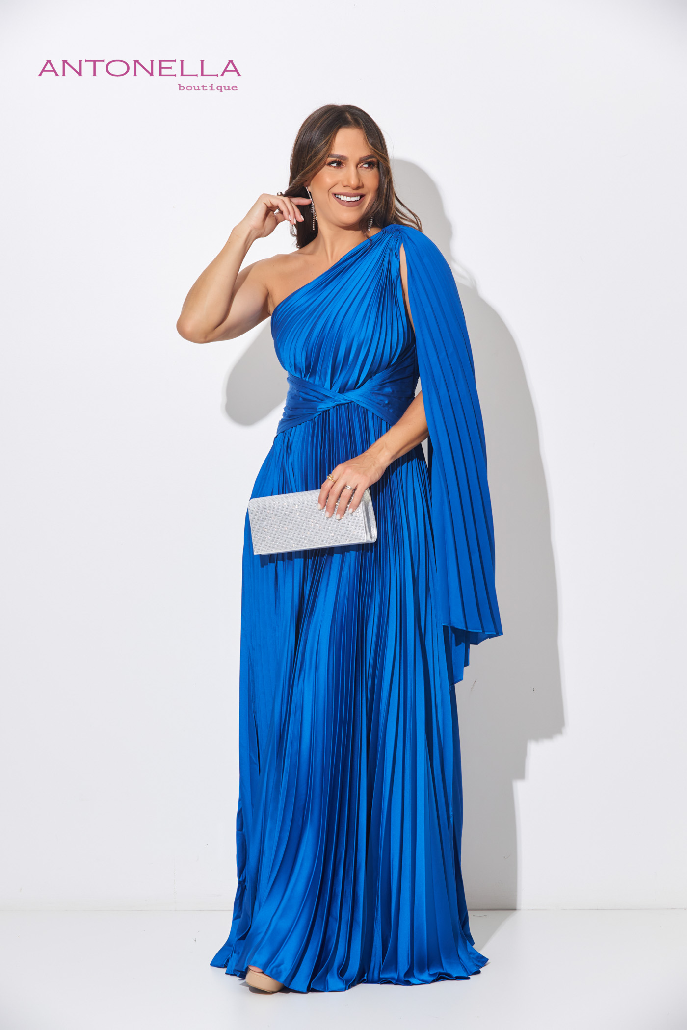 Vestido Gala Azul Rey Plizado De Un Solo Hombro – foto 1