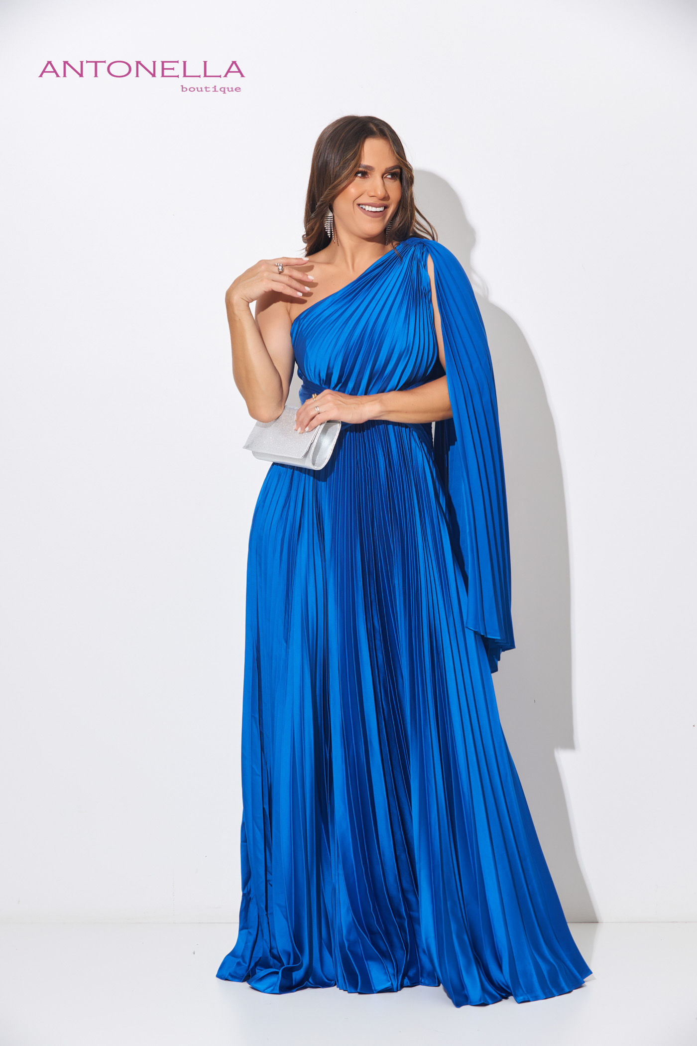 Vestido Gala Azul Rey Plizado De Un Solo Hombro – foto 4