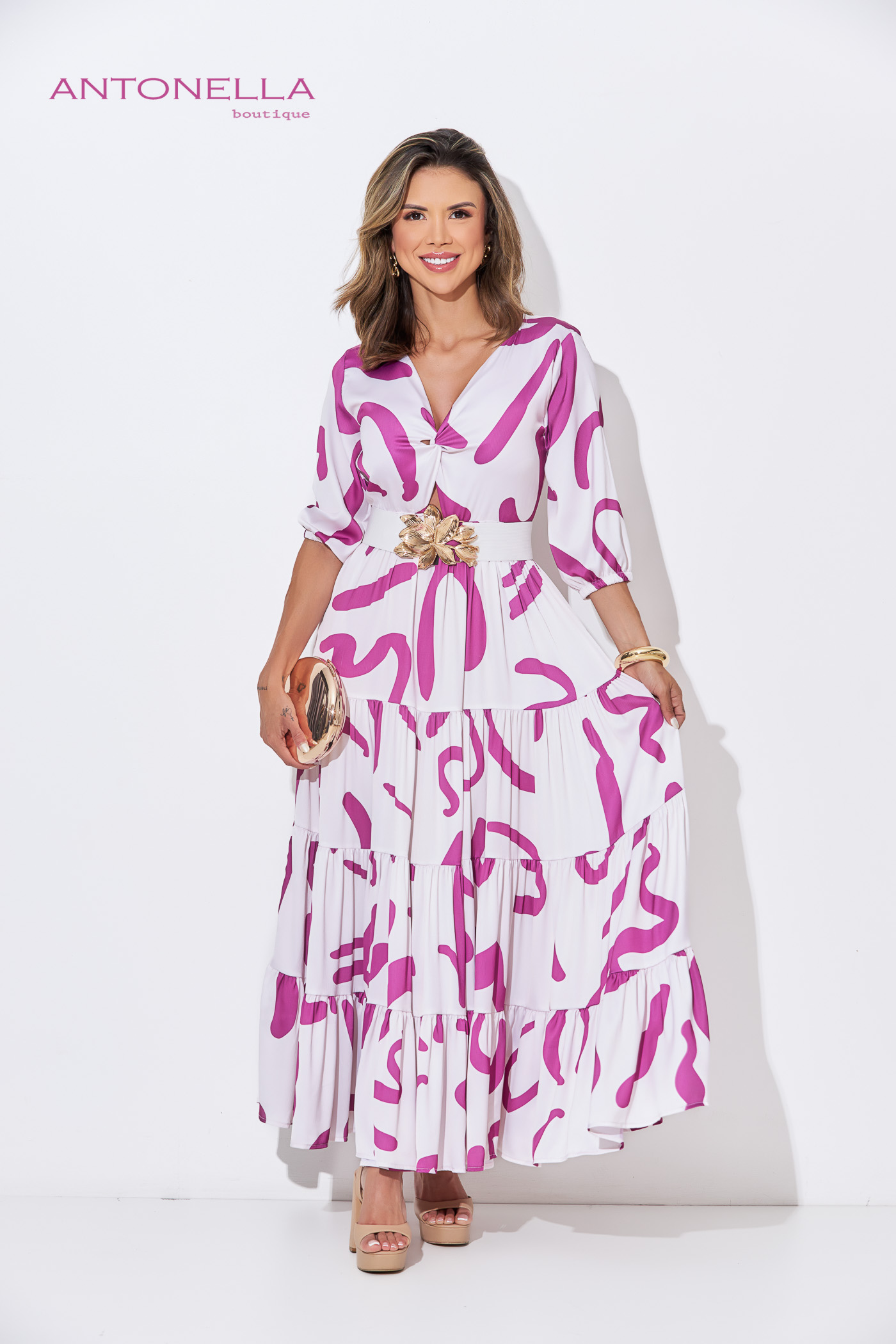Vestido Largo Blanco Estampado Magenta – foto 1