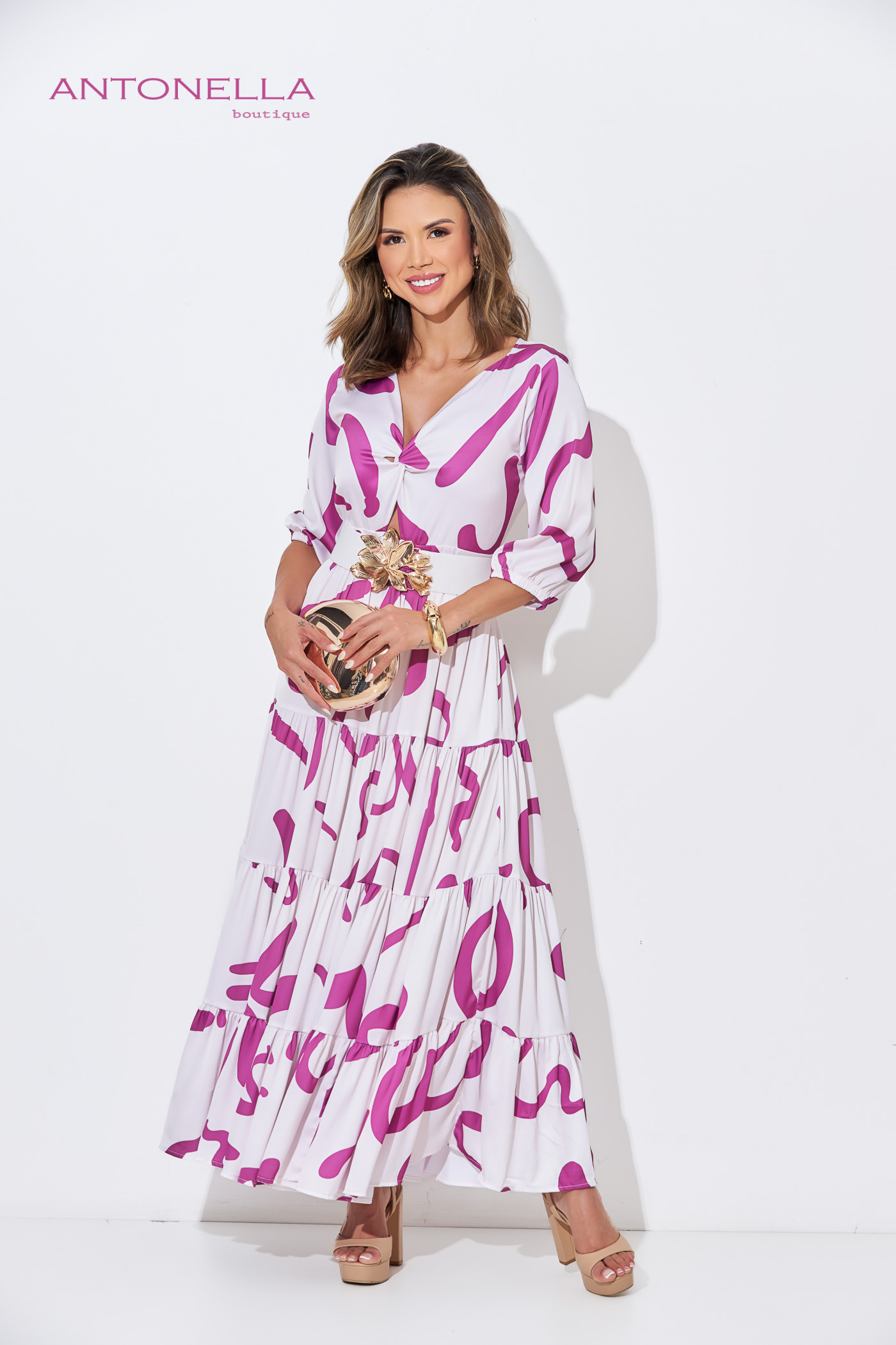Vestido Largo Blanco Estampado Magenta – foto 3