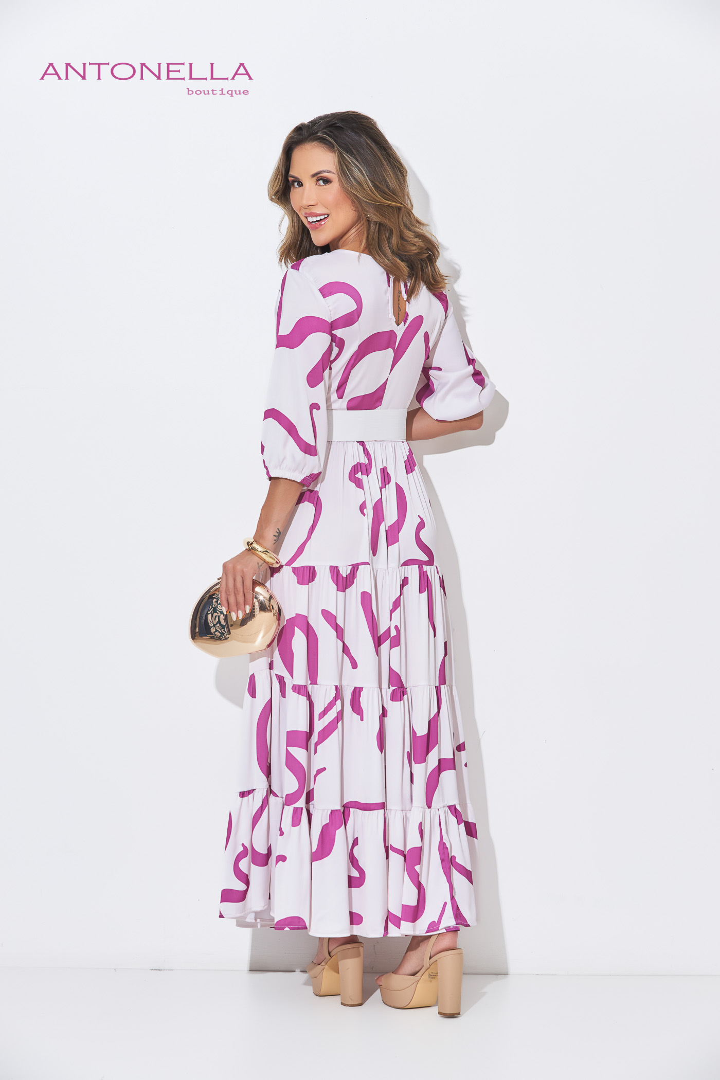 Vestido Largo Blanco Estampado Magenta – foto 4
