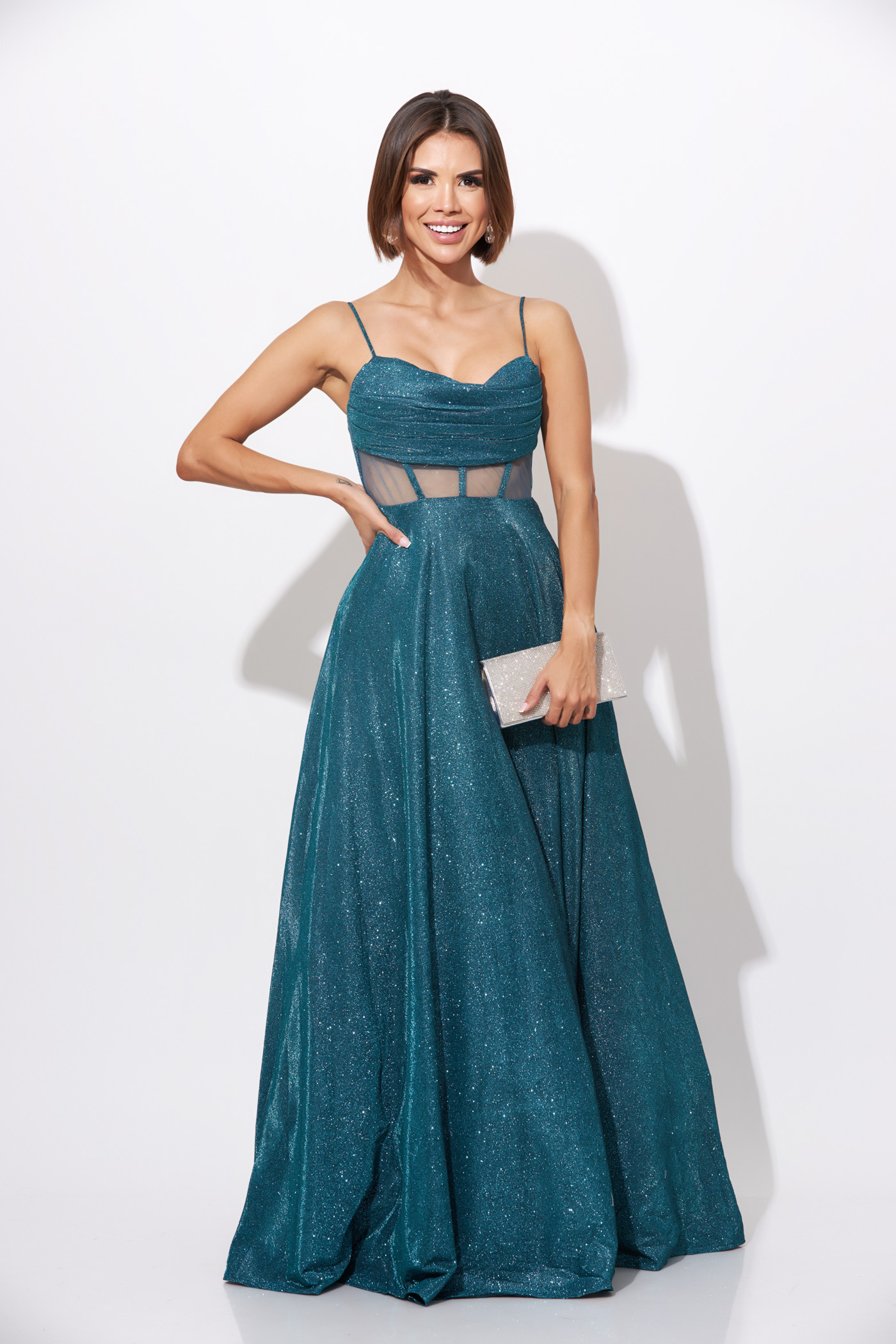 Vestido Gala Teal Brillo Corsé Estilo Princesa
