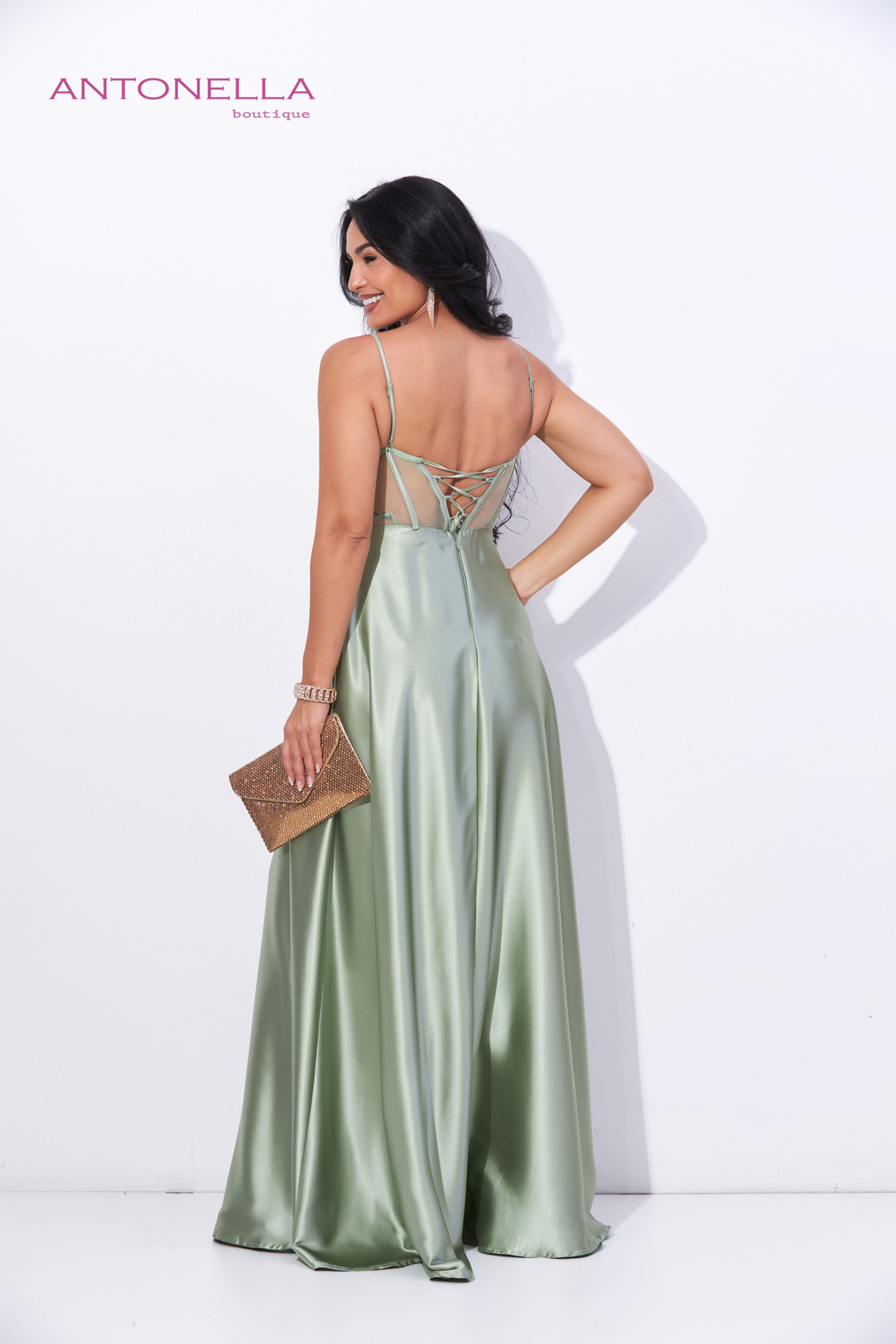 Vestido Gala Olivo Transparencia Satin – foto 5