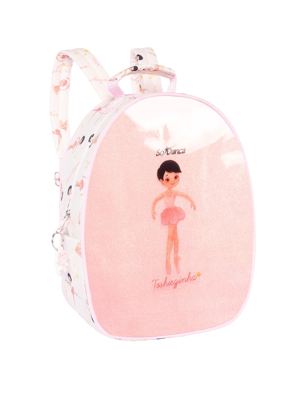BG-717 MOCHILA INFANTIL MEDIANA ESCARCHADA CON LLAVERO Y ESTAMPADO DE NIÑA BAILARINA