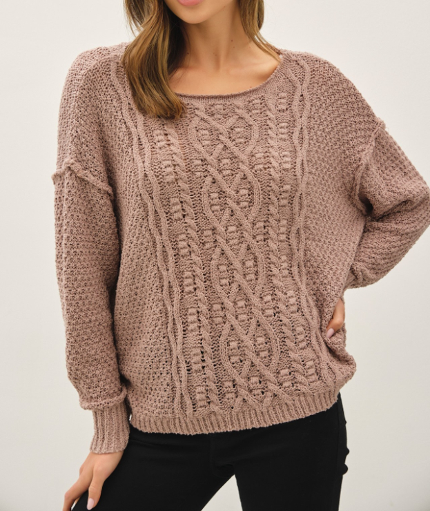Sweater Chunky Cable Textured Knit Mocha S/M