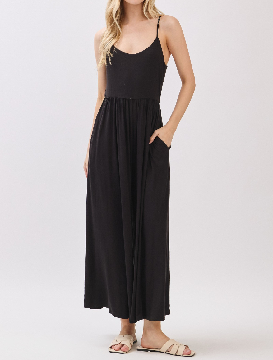 Jumpsuit Uneck Flare Wide Leg Side Pockets Black