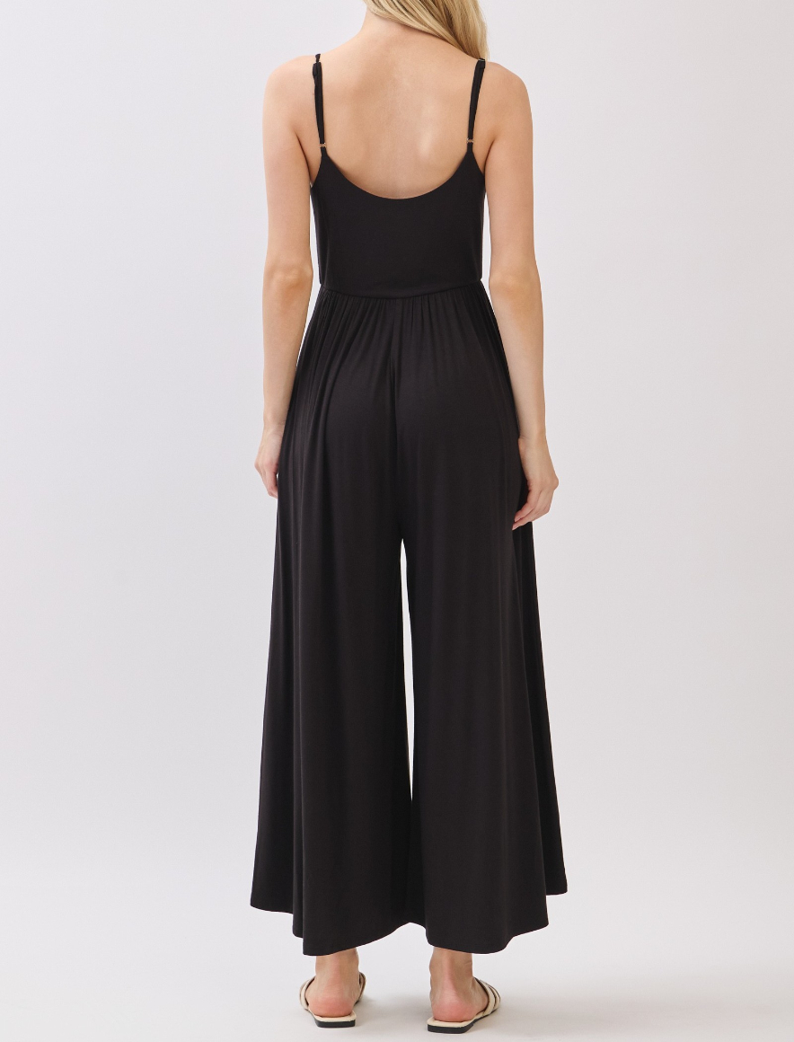 Jumpsuit Uneck Flare Wide Leg Side Pockets Black