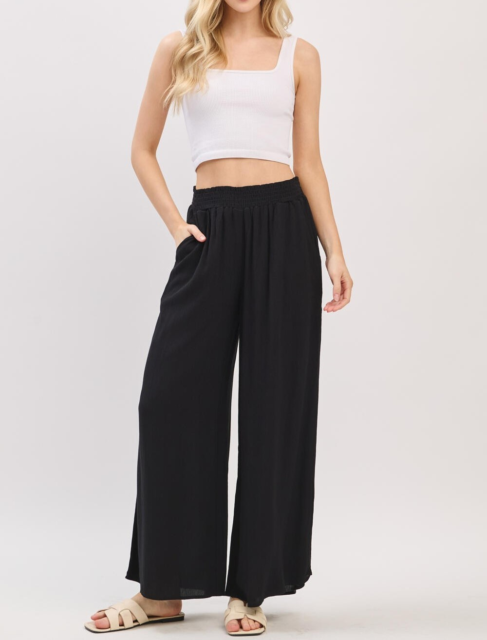 Pantalon Waist Smocked Wide Leg Black