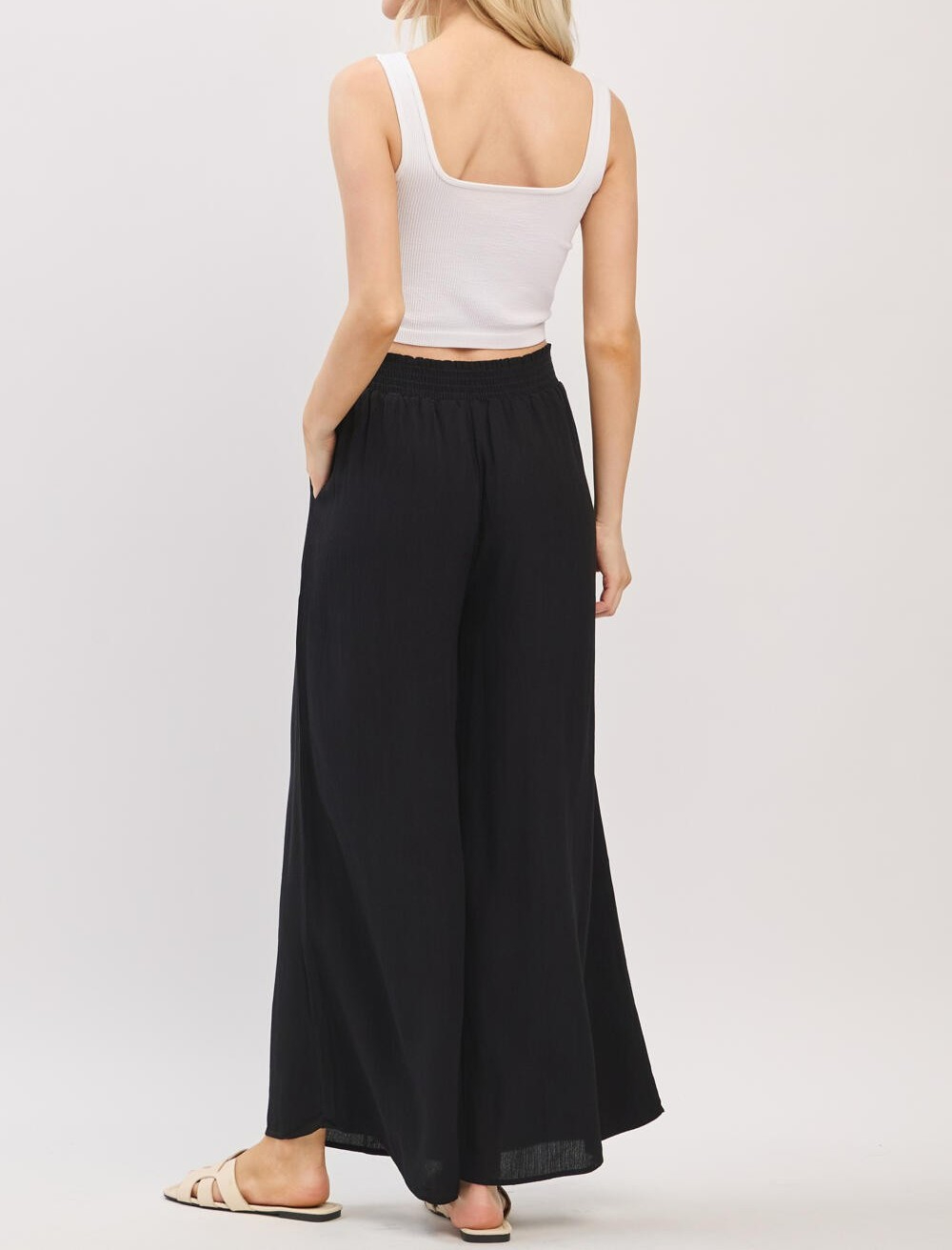 Pantalon Waist Smocked Wide Leg Black