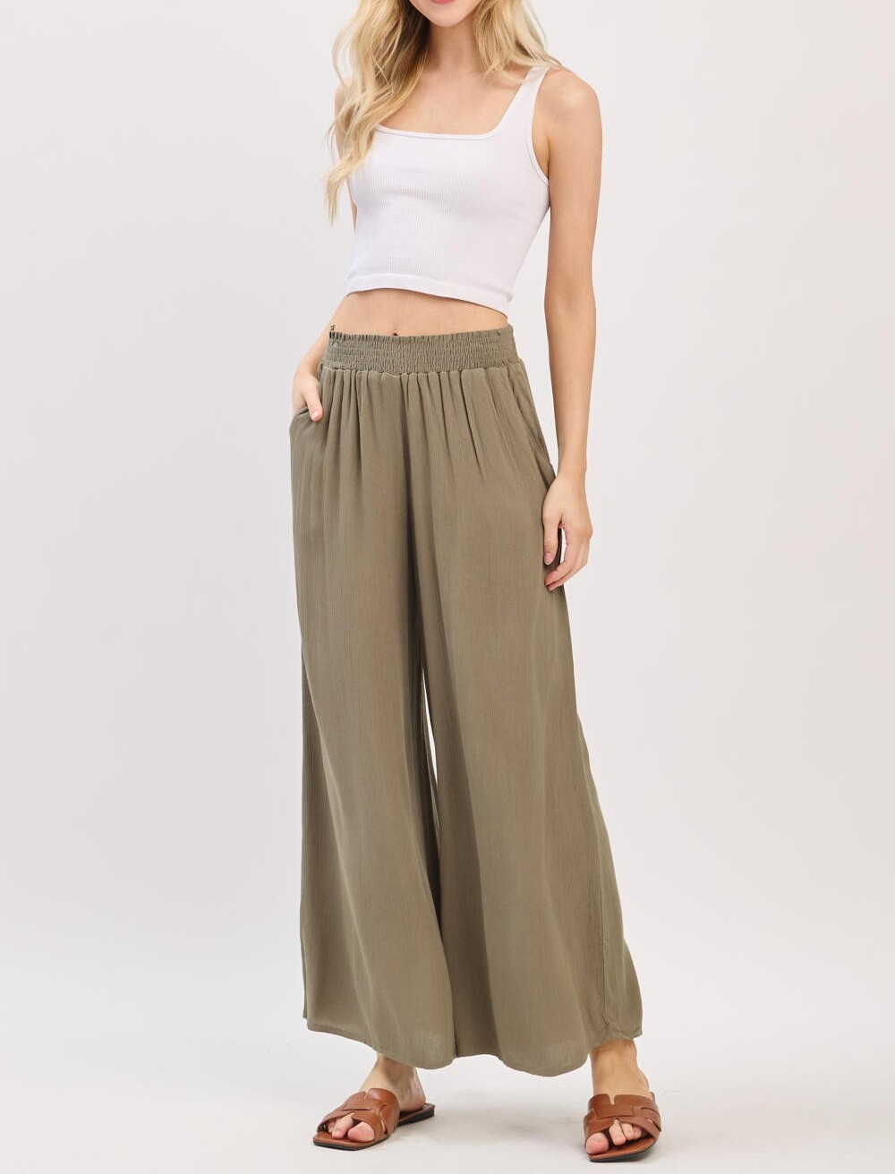 Pantalon Waist Smocked Wide Leg Olive