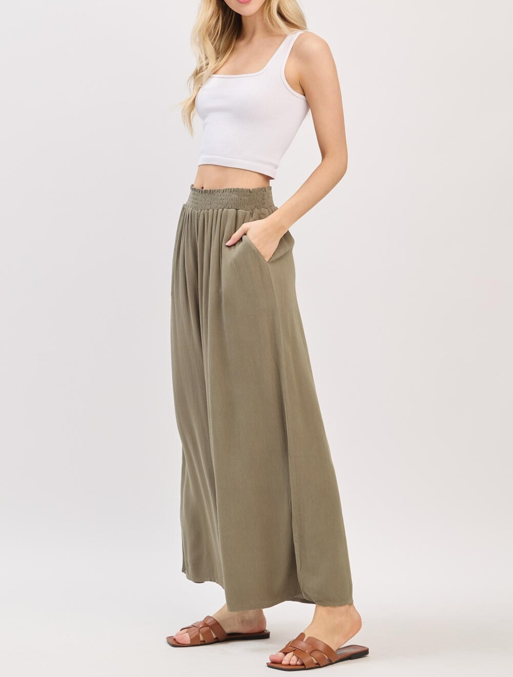 Pantalon Waist Smocked Wide Leg Olive – foto 3