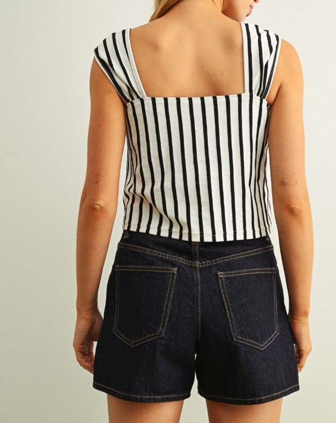 Blusa Crop Stripes Cute Sleeve Black