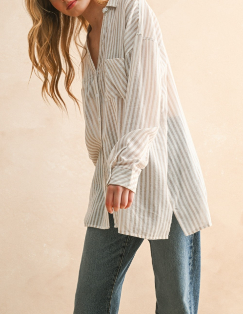 Blusa Striped Buttondown Beige – foto 3