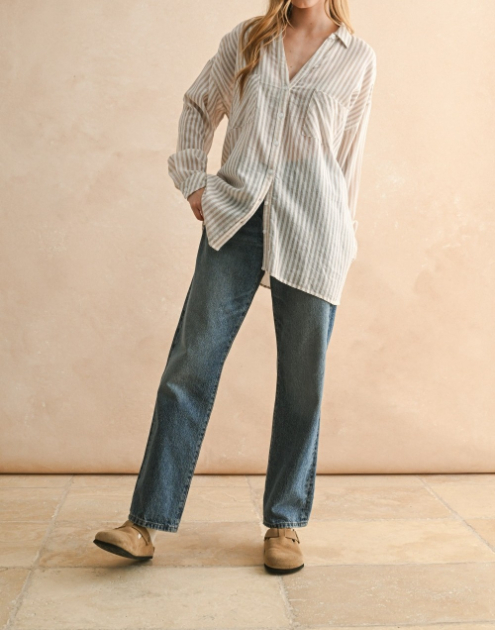 Blusa Striped Buttondown Beige – foto 5