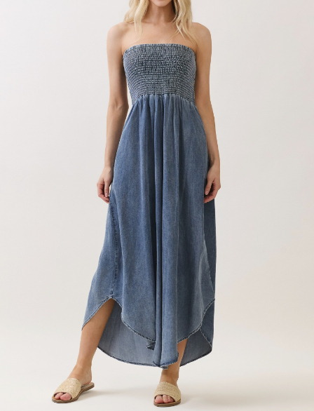 Jumpsuit Tencel Smocked Round Hem Denim
