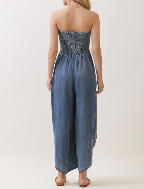 Jumpsuit Tencel Smocked Round Hem Denim