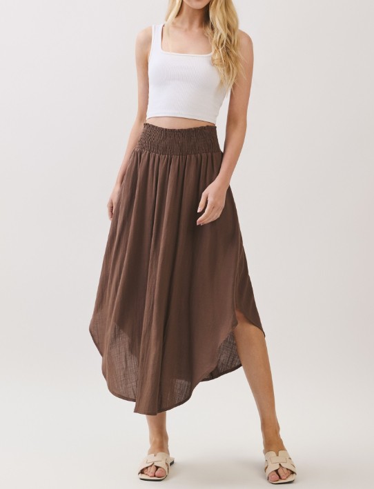 Enagua  Smocked Waistband Round Hem Midi Chocolate