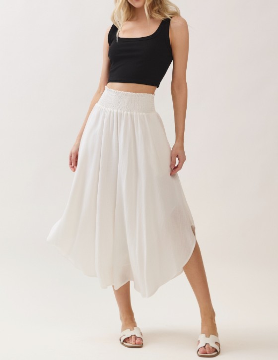 Enagua  Smocked Waistband Round Hem Midi Off White
