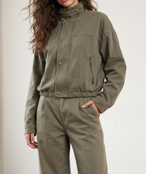 Jacket Brushed Twill Belted Zip-Up Crop D Olive – foto 1