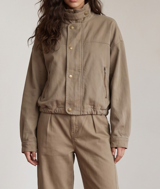 Jacket Brushed Twill Belted Zip-Up Crop Taupe – foto 1