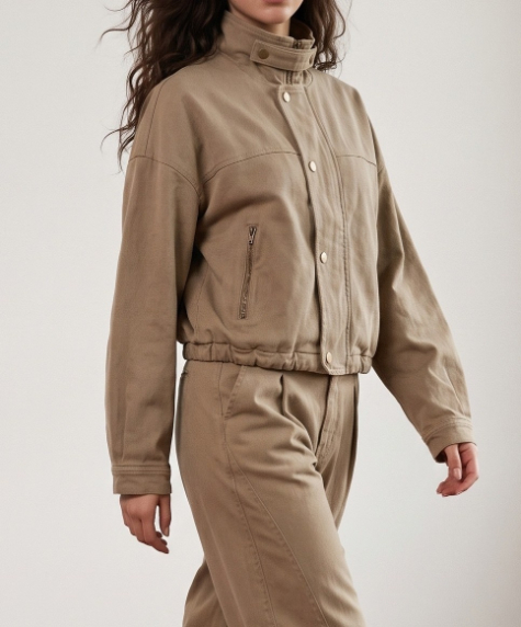 Jacket Brushed Twill Belted Zip-Up Crop Taupe – foto 3