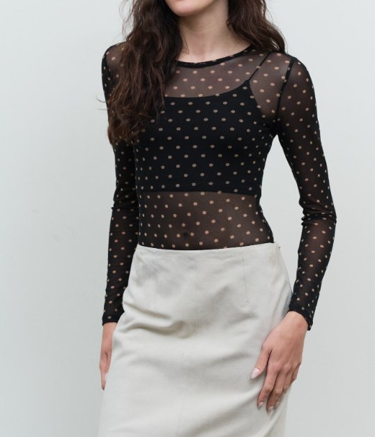Blusa Bodysuit Polka Dot Sheer Mesh Long Sleeve Black – foto 1