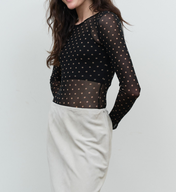 Blusa Bodysuit Polka Dot Sheer Mesh Long Sleeve Black – foto 3