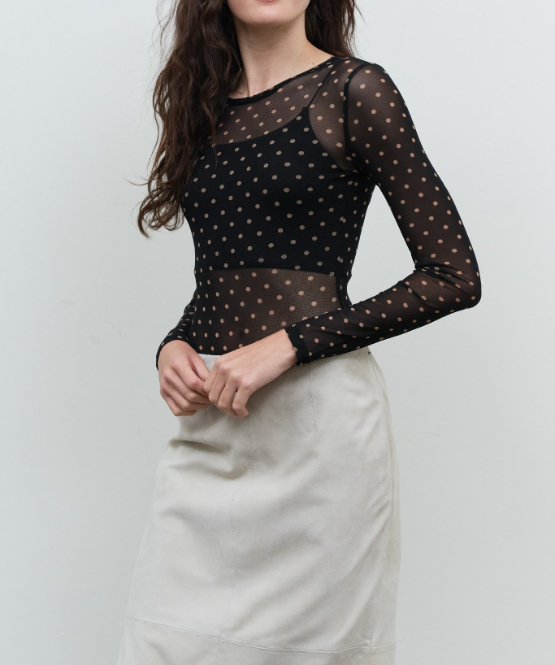 Blusa Bodysuit Polka Dot Sheer Mesh Long Sleeve Black – foto 4