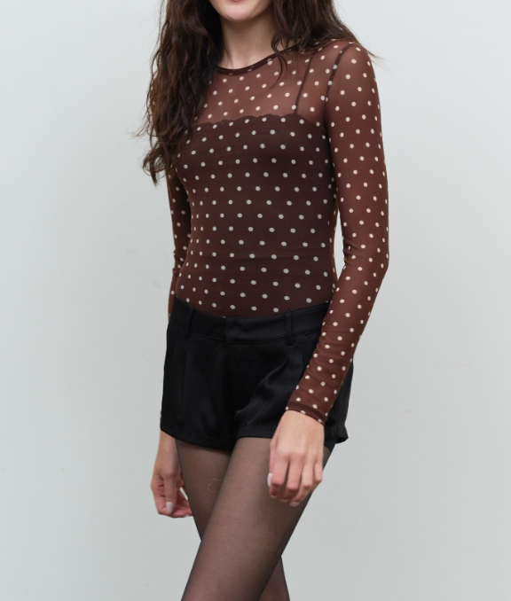 Blusa Bodysuit Polka Dot Sheer Mesh Long Sleeve Brown – foto 4