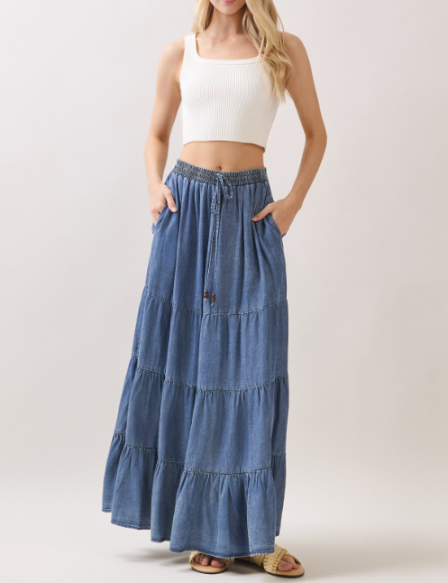 Enagua Maxi Washed Denim Elastic Waisted Tiered