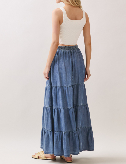 Enagua Maxi Washed Denim Elastic Waisted Tiered – foto 2