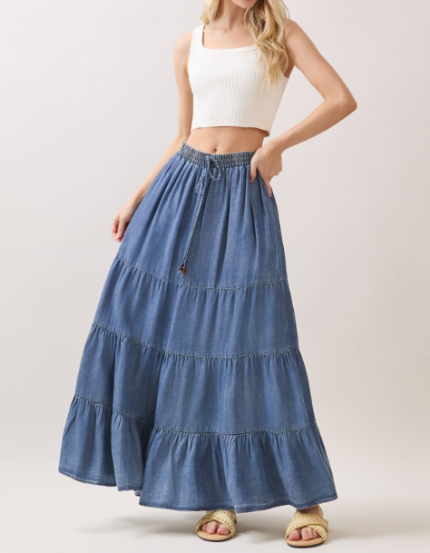 Enagua Maxi Washed Denim Elastic Waisted Tiered – foto 3