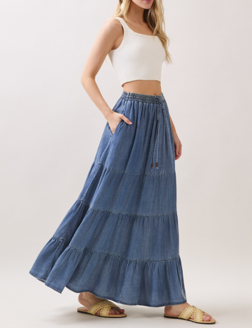 Enagua Maxi Washed Denim Elastic Waisted Tiered – foto 4