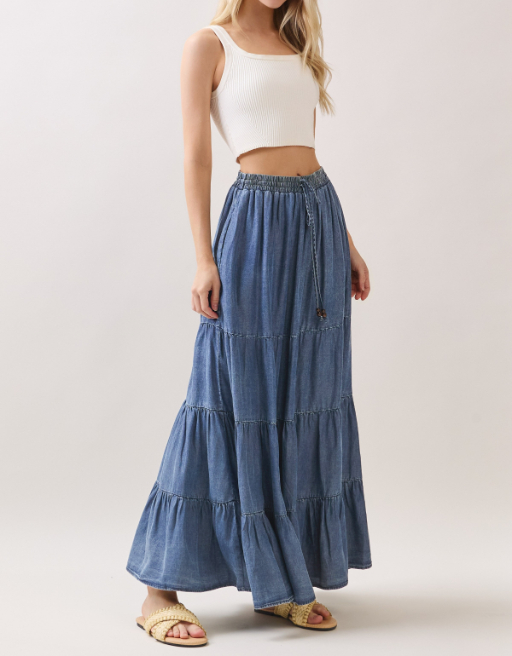 Enagua Maxi Washed Denim Elastic Waisted Tiered – foto 5