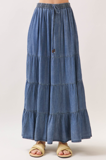 Enagua Maxi Washed Denim Elastic Waisted Tiered – foto 6