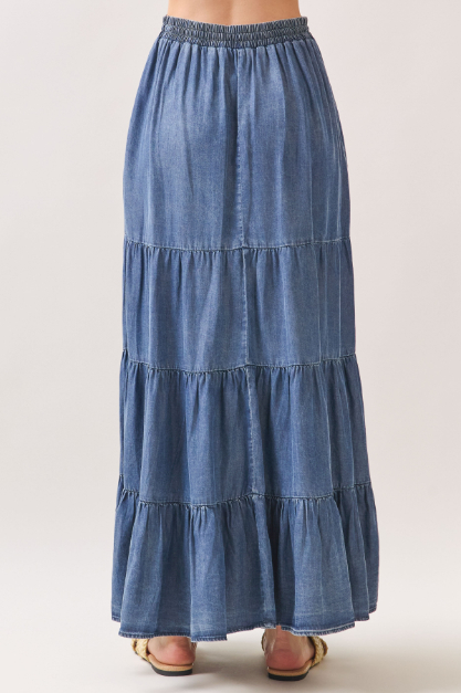 Enagua Maxi Washed Denim Elastic Waisted Tiered – foto 8