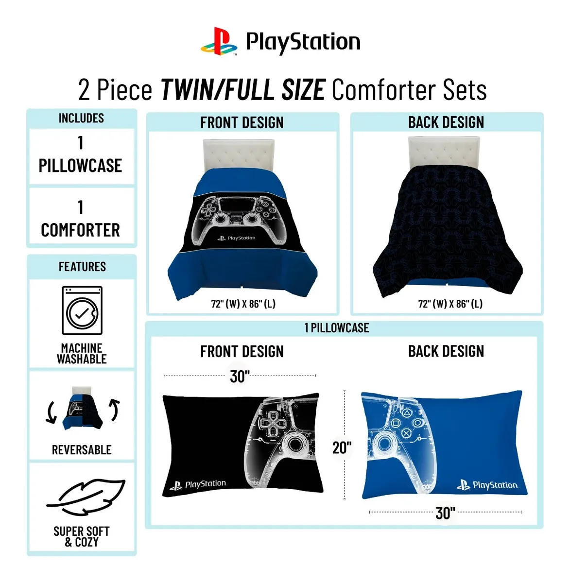 COBERTOR PARA CAMA PLAYSTATION (HEAT. SLEEP. GAME) 2 PIECE SET 183CM X 218CM