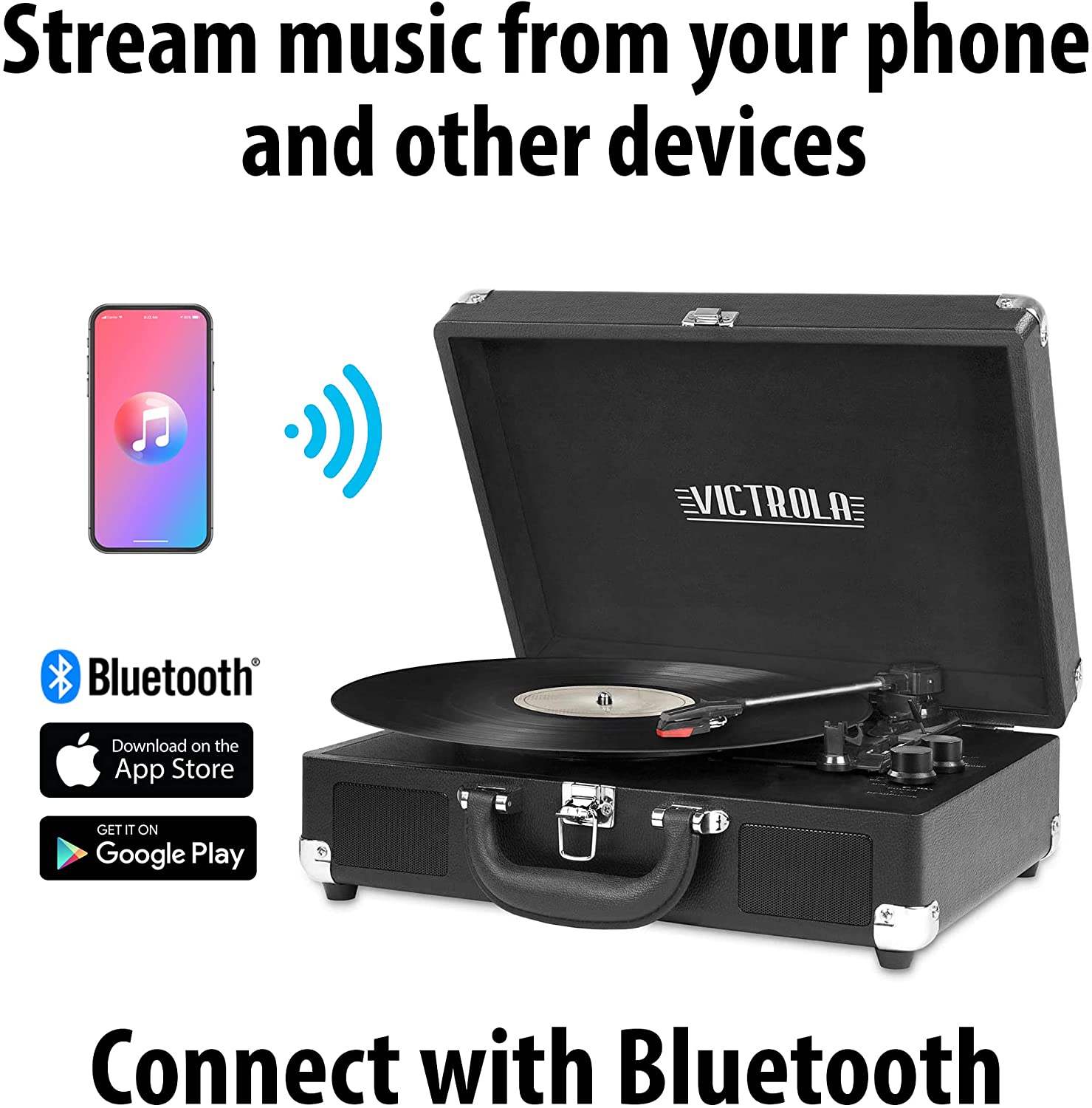 VICTROLA/TURNTABLE SUITCASE BLUETOOTH 3 SPEED BLACK VSC-550BT-BLK – foto 3