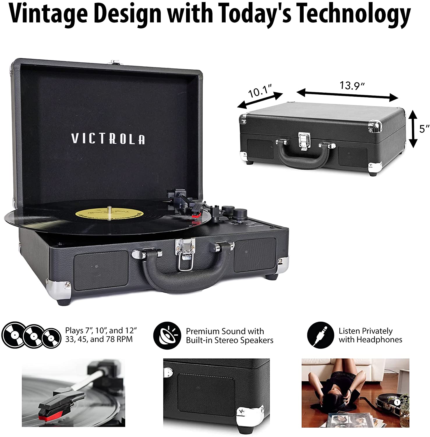 VICTROLA/TURNTABLE SUITCASE BLUETOOTH 3 SPEED BLACK VSC-550BT-BLK – foto 4