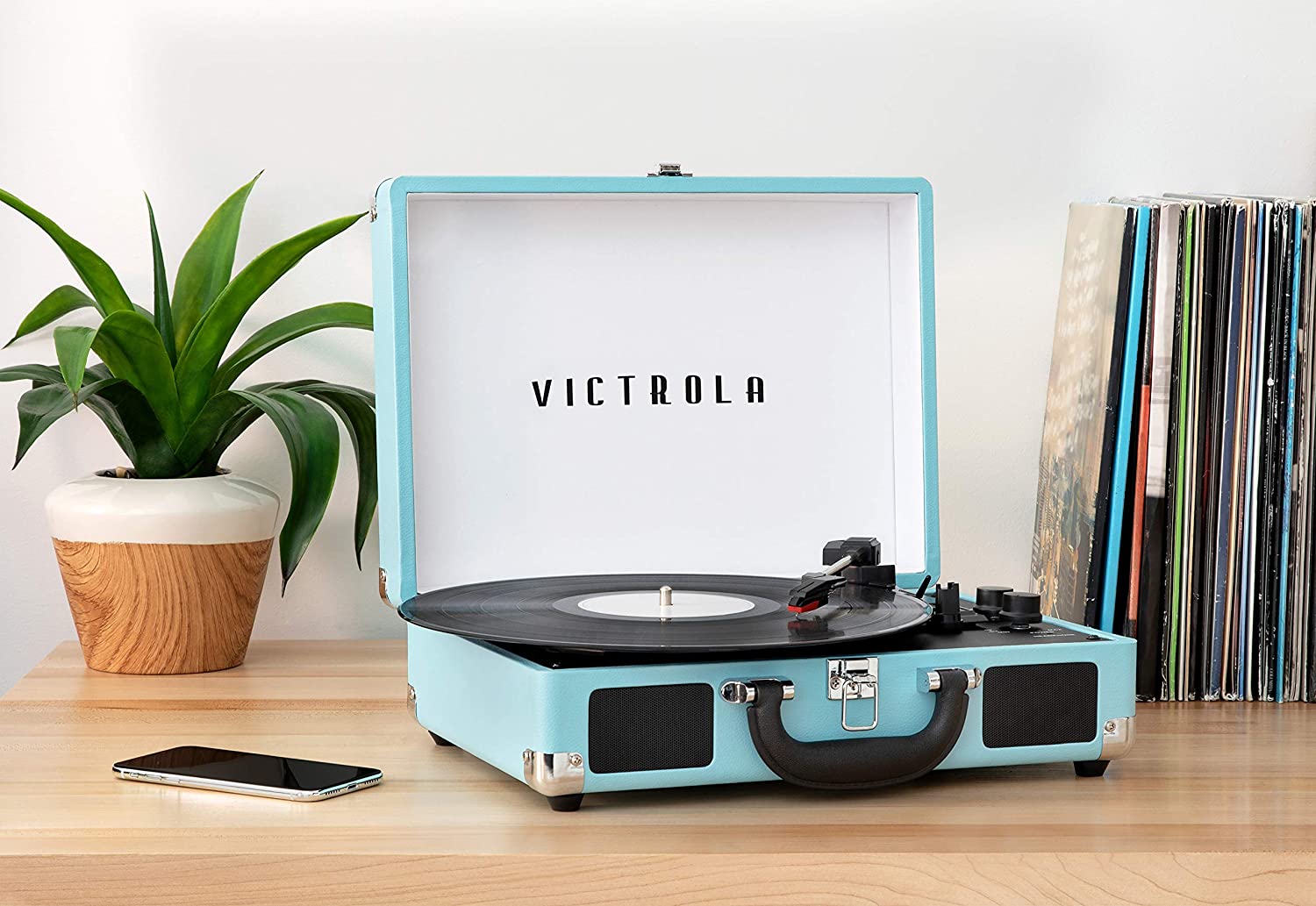 VICTROLA/TURNTABLE SUITCASE BLUETOOTH 3 SPEED TURQUOISE – foto 4